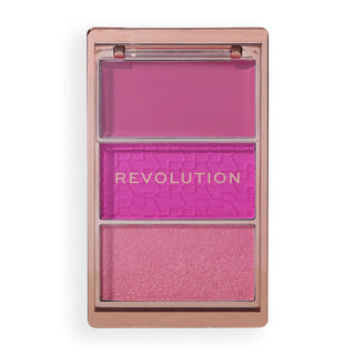 Makeup palette with pink shades and 'Revolution' branding on a white background