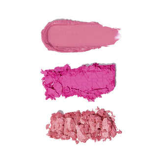 Three shades of pink makeup swatches on a white background
