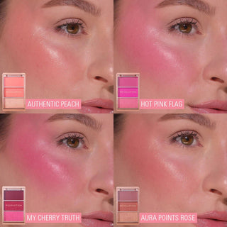 Collage of a woman's face with different blush colors applied, showing close-up views.