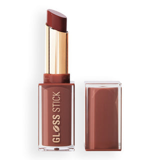 Lip gloss stick with open cap on a white background