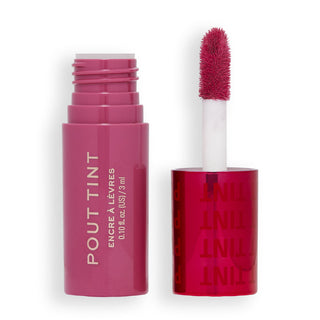 Pink lip tint with applicator on a white background