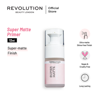 Revolution Super Matte Primer bottle with product details on a white background