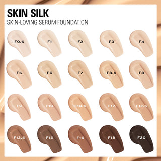 Foundation swatches labeled with shades on a white background