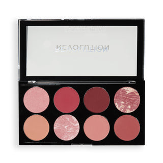 Makeup palette with various shades of pink and red in a Beaofallion case.