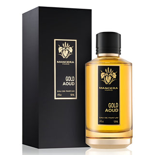 Mancera Gold Aoud perfume bottle and packaging on a white background
