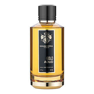 Perfume bottle labeled 'Gold Aoud' by Mancera Paris on a white background