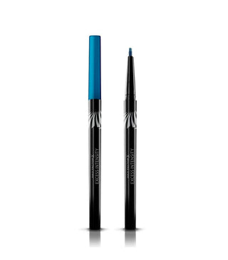 Two black eyeliner pencils with blue caps on a white background