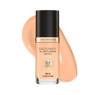 Max Factor Face Finity foundation bottle with a swatch on a white background
