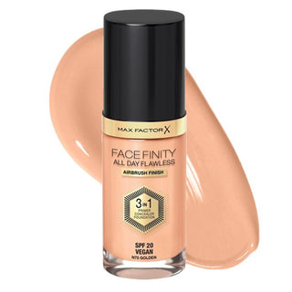 Max Factor Face Finity foundation bottle with a swatch of foundation color on a white background