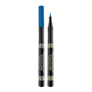 Two makeup pencils with blue and black tips on a white background