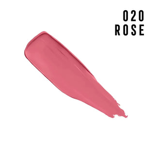 Pink lipstick swatch labeled '020 Rose' on a white background