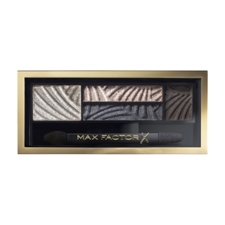 Max Factor eyeshadow palette with gold and black packaging on a white background