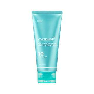 Blue tube of Medicube facial cleanser on a white background