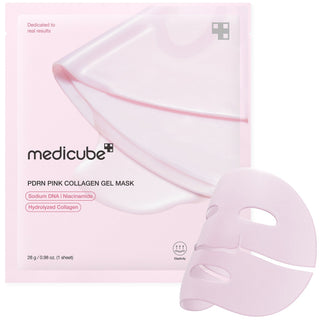 Pink collagen gel mask with packaging on a white background