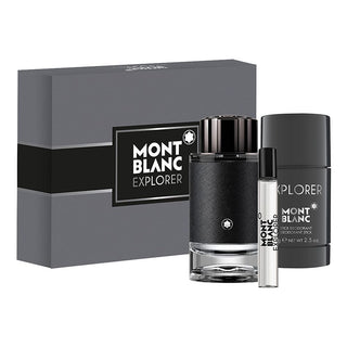 Montblanc Explorer perfume set with a box on a white background