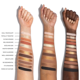 Three arms with makeup swatches labeled on a white background