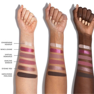 Lipstick swatches on three different skin tones with labels.