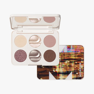 Makeup palette with six colors and a colorful Morphe card on a white background