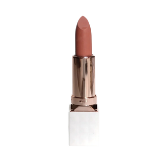 Lipstick with a rose gold cap on a white background