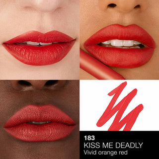 Lipstick color swatches on different skin tones with W7 logo and shade name 'Kiss Me Deadly'.