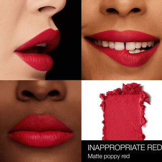 Collage of a red lipstick on lips with close-up and swatch, labeled 'Inappropriate Red'.