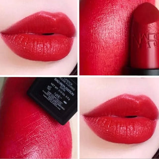 Collage of a red lipstick with close-up shots on lips and packaging.