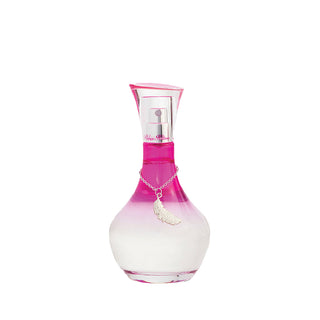 Pink and white perfume bottle with a silver charm on a white background