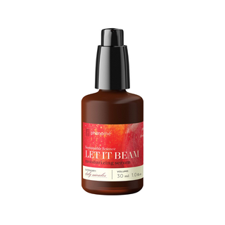 Bottle of 'Let It Beam' serum with a red label on a white background