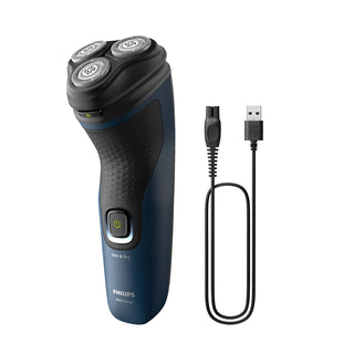 Philips electric shaver with charging cable on a white background