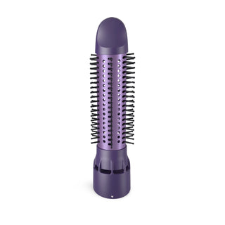 Purple hair styling tool with bristle brush head on a white background