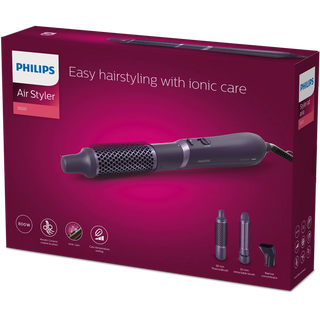 Philips Air Styler packaging with product image and features on a purple background