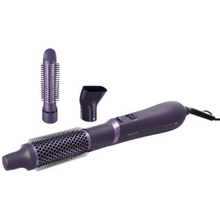 Purple hair styling tool with attachments on a white background