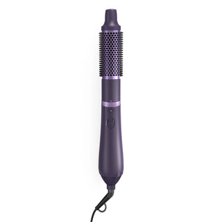 Purple hair styling tool with a black cord on a white background