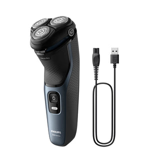 Philips electric shaver with USB cable on a white background