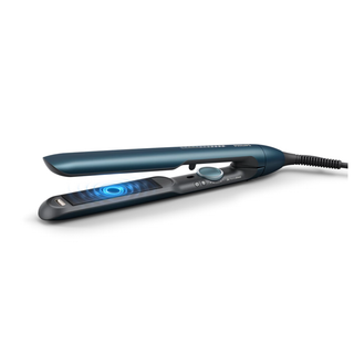 Hair straightener with blue display on a white background