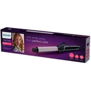 Philips hair curler packaging with a woman's face and product image on a white background