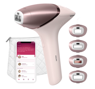 Hair removal device with smartphone app interface and multiple settings displayed.