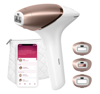 Philips laser hair removal device with app interface on a white background