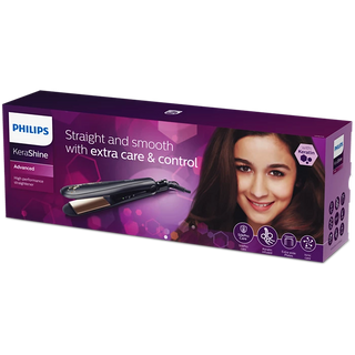 Philips hair straightener packaging with a purple background and a smiling girl's face.