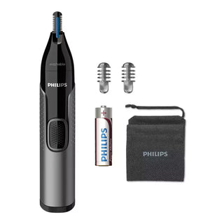 Philips nose hair trimmer with attachments and battery on a white background