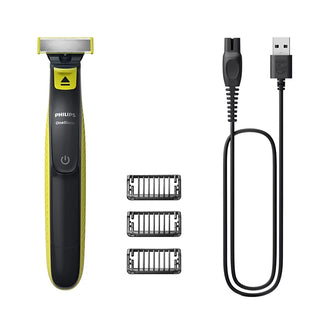 Philips trimmer set with attachments and charging cable on a white background