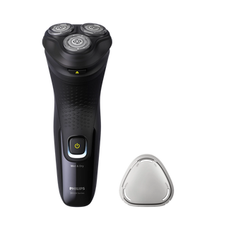 Black Philips electric shaver with a detachable razor head on a white background