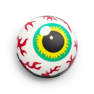 Colorful eye-shaped object with flames on a white background