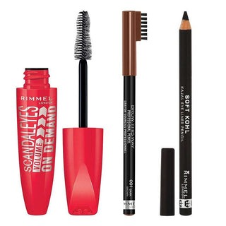 Makeup products including a red mascara, brow pencil, and eyeliner pencil on a white background.