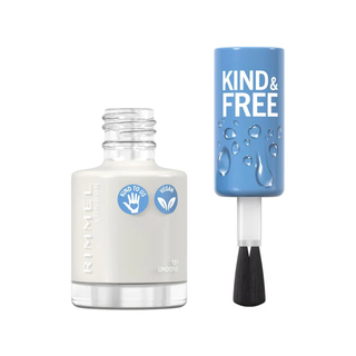 Rimmel nail polish bottle and applicator with 'Kind & Free' branding on a white background