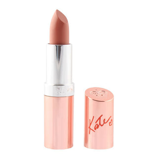 Lipstick with rose gold case and silver cap on a white background