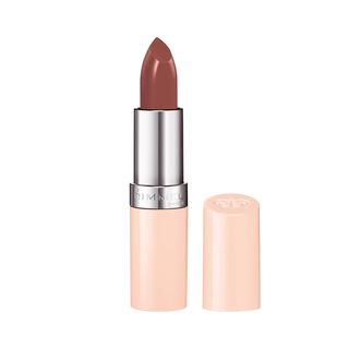 Lipstick with pink casing and silver cap on a white background