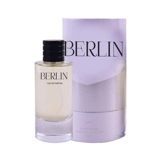 Perfume bottle and packaging with 'BERLIN' branding on a white background