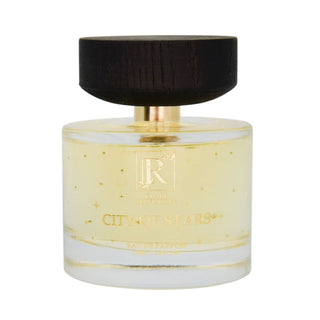 Perfume bottle labeled 'City of Stars' with a dark cap on a white background
