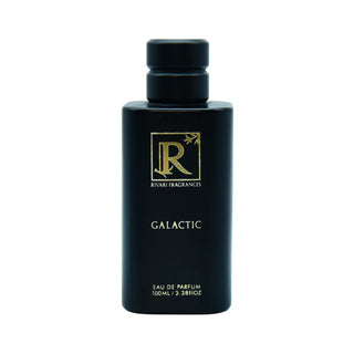 Black perfume bottle with gold logo and text on a white background